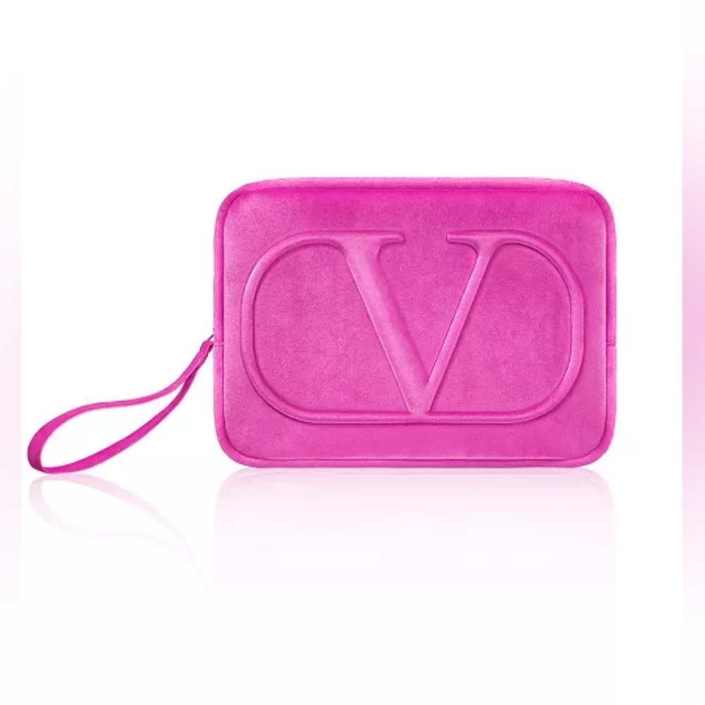 New Valentino Ombre Velvet Velour Pink Beauty Makeup Travel Wristlet Bag